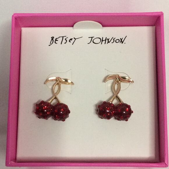 NIB BETSEY JOHNSON GOLD TONE RED CHERRY STUD EARRINGS - Picture 3 of 6